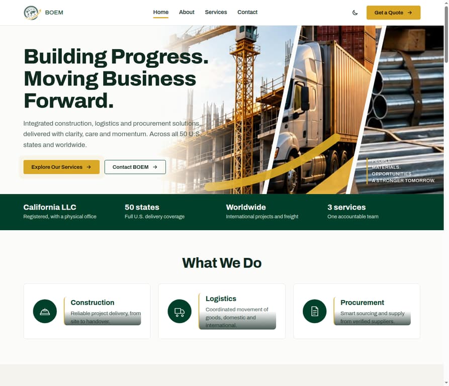 BOEM website homepage showing construction, logistics, and procurement services
