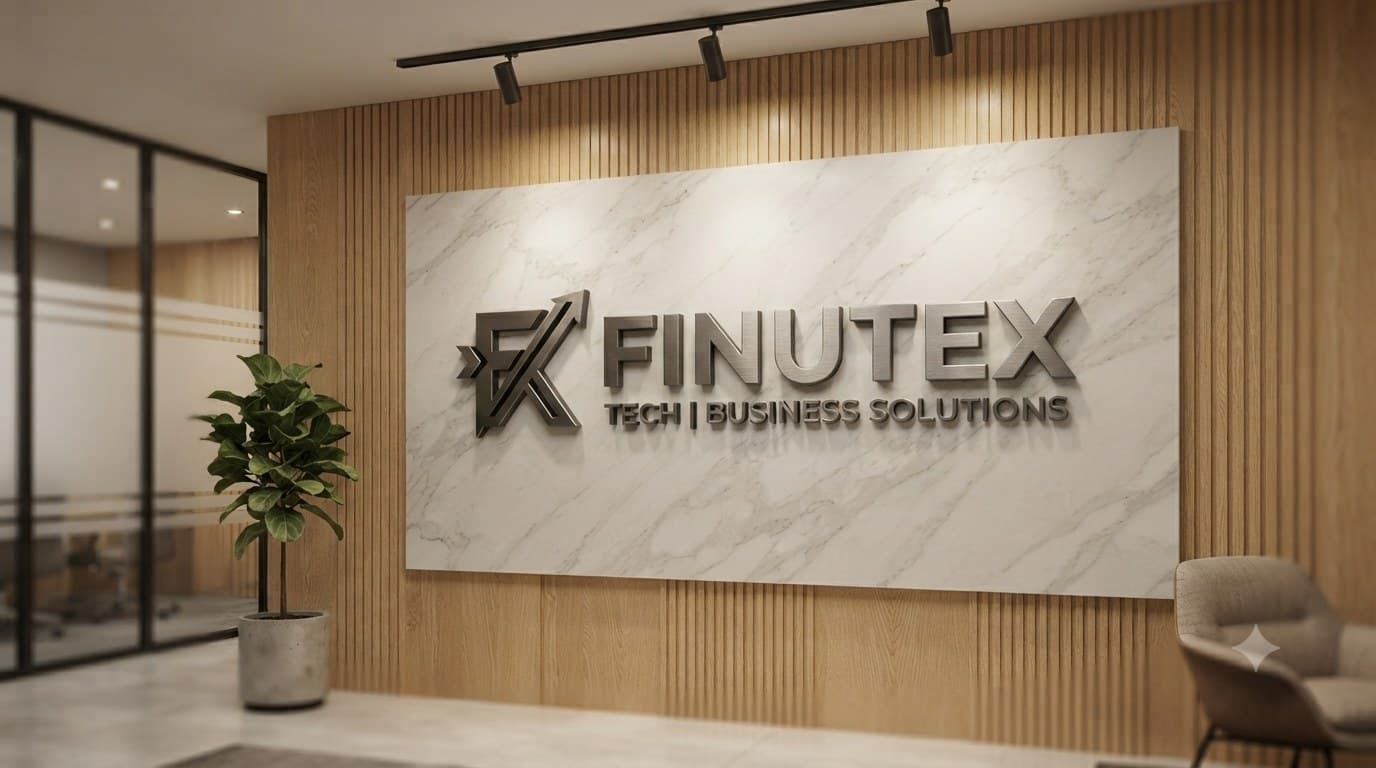 FINUTEX brand environment: metallic signage on marble and wood